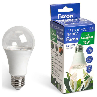 Лампа светодиодная для растений, А60 (12W) 230V E27, полный спектр LB-7062, Feron 38277