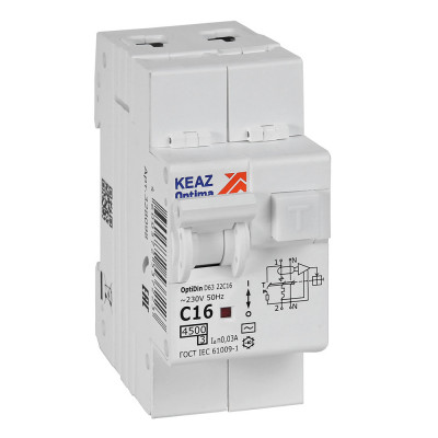 КЭАЗ АВДТ с защитой от сверхтоков OptiDin D63-22C16-AC-У3 (2P, C16, 30mA, 4,5кА), 328098