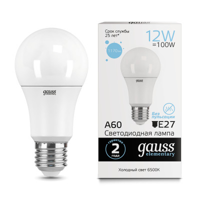 Лампа Gauss Elementary A60 12W 1170lm 6500K E27 LED 1/10/50, 23232