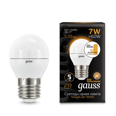 Лампа Gauss Шар 7W 520lm 3000K Е27 шаг. диммирование LED 1/10/100, 105102107-S