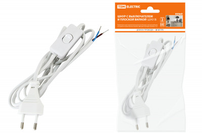 Шнур с выключателем и плоской вилкой ШУ01В ШВВП 2х0,75мм2 2м. белый TDM Electric, SQ1305-0001