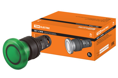 Кнопка грибовидная SB7-CWM31-220V(LED) d35мм 1з зеленая TDM Electric, SQ0746-0049