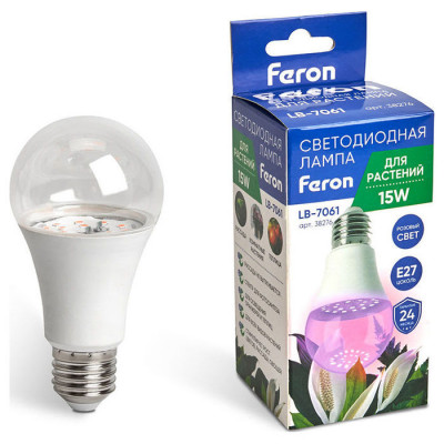 Лампа светодиодная для растений, А60 (15W) 230V E27, красно-синий спектр LB-7061, Feron 38276