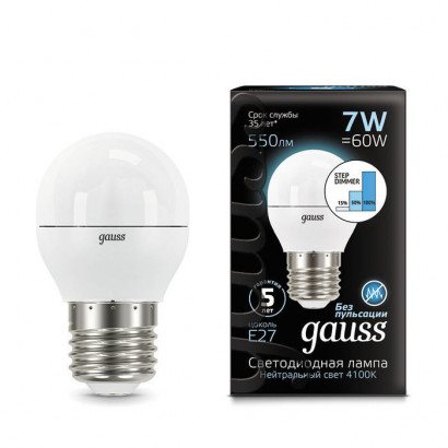 Лампа Gauss Шар 7W 550lm 4100K Е27 шаг. диммирование LED 1/10/100, 105102207-S