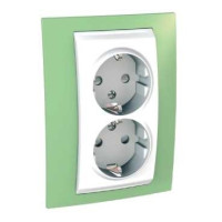 ХАМЕЛЕОН РОЗЕТКА двойная, с заземлением, со шторками, БЕЛЫЙ/ЗЕЛЕНОЕ ЯБЛОКО