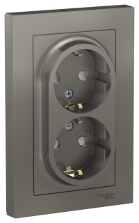 ATN000926 - ATLASDESIGN РОЗЕТКА двойная с заземлением со шторками, 16А, в сборе, СТАЛЬ, Systeme Electric