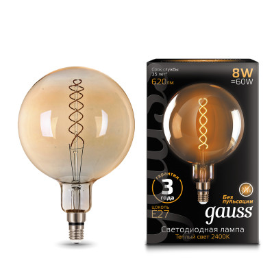 Лампа Gauss Filament G200 8W 620lm 2400К Е27 golden flexible LED 1/6, 154802008