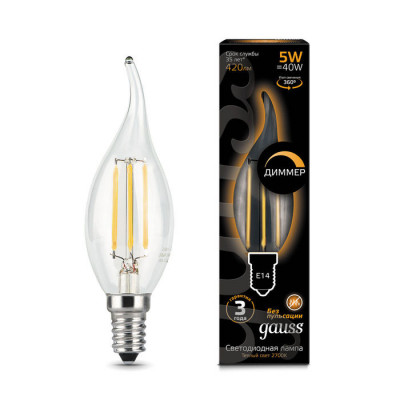 Лампа Gauss Filament Свеча на ветру 5W 420lm 2700К Е14 диммируемая LED 1/10/50, 104801105-D