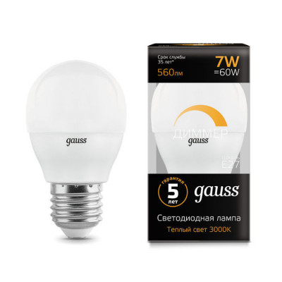 Лампа Gauss Шар 7W 560lm 3000К Е27 диммируемая LED 1/10/100, 105102107-D
