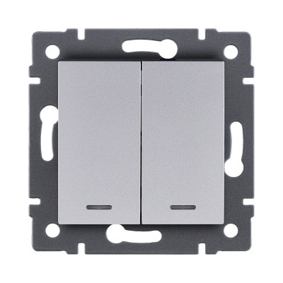 Выключатель 2-клавишный проходной 10А/250В с LED подсветкой, серый Kollinger REA-S-010GY для Aspekt, Eleganz, Reflex