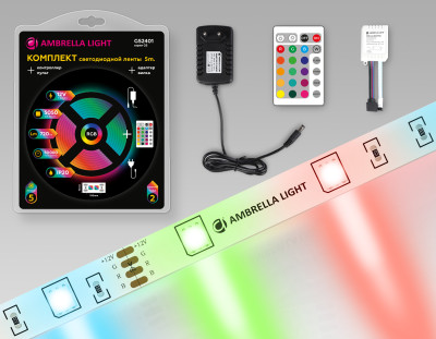 Комплект светодиодной ленты 12В 5050 30Led 7.2Вт/м Цветная RGB IP20 5м, AMBRELLA LIGHT, GS2401