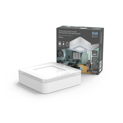Светильник Gauss Backlight накладной BL221 Квадрат. Акрил, 3+3W, LED 4000K, 105*105, 1/40, BL221