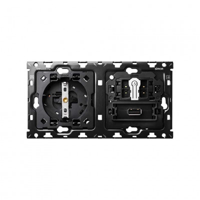 Simon 10010206-039 Кит 2 поста, мех-мы. 1 розетка Schuko + 1 з/у USB SC 2.1A + 1 переключатель (проходной) + суппорт S100