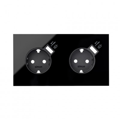 Simon 10020211-138 Кит 2 поста, фронт. Накладка на 2 розетки Schuko с з/у USB SC цвета черный глянец S100