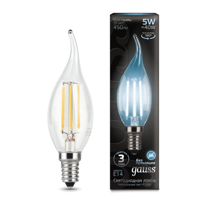 Лампа Gauss Filament Свеча на ветру 5W 450lm 4100К Е14 LED 1/10/50, 104801205