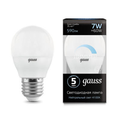 Лампа Gauss Шар 7W 590lm 4100К Е27 диммируемая LED 1/10/100, 105102207-D