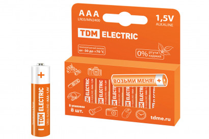 Элемент питания LR03 AAA Alkaline 1,5V PAK-8 TDM Electric, SQ1702-0004