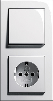 Gira Блок: Выключатель 1-клавишный с розеткой 2к+з, глянцевый белый, серия E2