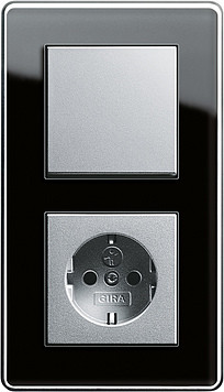 Gira Блок: Выключатель 1-клавишный с розеткой 2к+з, матовый алюминий - черное стекло,серия Esprit Glass C