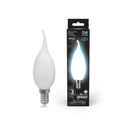 Лампа Gauss Filament Свеча на ветру 5W 450lm 4100К Е14 milky LED 1/10/50, 104201205