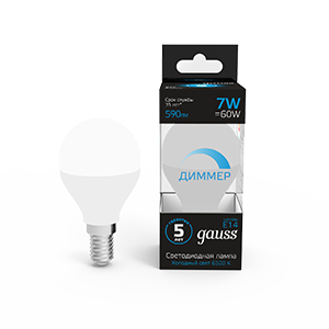 Gauss Лампа Шар 7W 590lm 6500К E14 диммируемая LED, 105101307-D