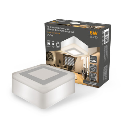 Светильник Gauss Backlight накладной квадрат 3+3W 350lm 3000K 220-240V 105*105*40мм 3 режим LED 1/40, BL220