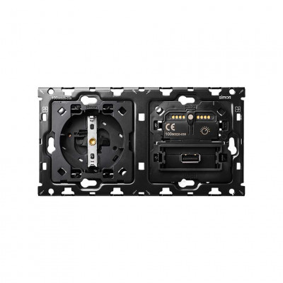 Simon 10010209-039 Кит 2 поста, мех-мы. 1 розетка Schuko + 1 з/у USB SC 2.1A + 1 светорегулятор (отсечка фазы, 2/3 провода) + суппорт S100