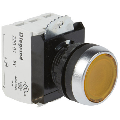 Legrand Кнопка с потайным толкателем ? 22,3 - Osmoz - в сборе - с подсветкой - желтый - 24 В~/=, 023754