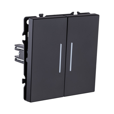 Выключатель 2-клавишный проходной 10А/250В с LED подсветкой, черный матовый Kollinger Eclipse EC-011BK