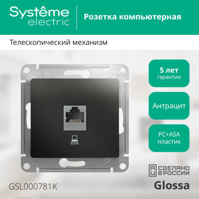 GLOSSA РОЗЕТКА компьютерная RJ45 кат.5E, АНТРАЦИТ