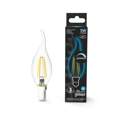 Лампа Gauss Filament Свеча на ветру 5W 450lm 4100К Е14 диммируемая LED 1/10/50, 104801205-D