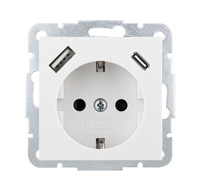 85507W Розетка 2к+З с двумя USB порта типа A и типа С: 5V 3A, 12V 1,5A,  max. 18W, белый, Wedder