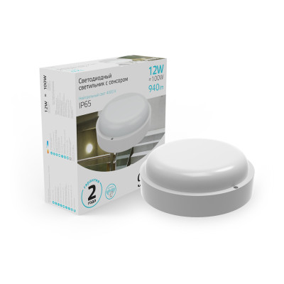 Св-к светодиодный Gauss Elementary IP65 D140x48 12W 940lm 4000K 160-260V ЖКХ круглый c опт-микр сенсором 1/40, 126411212-S