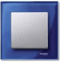 Выключатель 1-клавишный, вставка - алюминий,   рамка стекло цвет сапрфир, серия M-Elegance