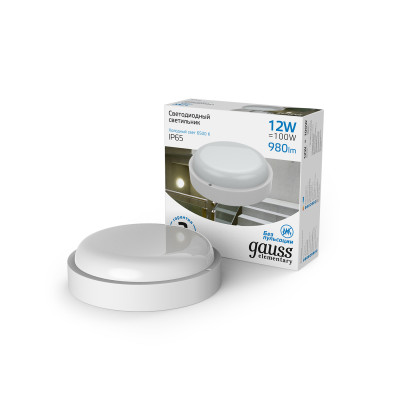 Св-к светодиодный Gauss Elementary IP65 D140x48 12W 980lm 6500K 160-260V ЖКХ круглый 1/40, 126411312