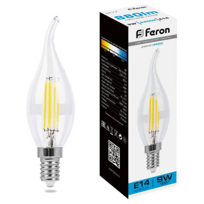 Лампа светодиодная, (9W) 230V E14 6400K прозрачная, LB-74, Feron 38235