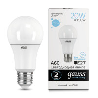 Лампа Gauss Elementary A60 20W 1750lm 6500K E27 LED 1/10/50, 23239 Лампа Gauss Elementary A60 20W 1750lm 6500K E27 LED 1/10/50, 23239
