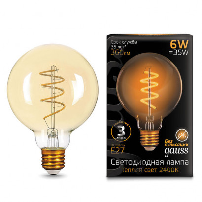 Лампа Gauss Filament G95 6W 360lm 2400К Е27 golden flexible LED 1/20, 105802007