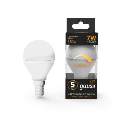 Лампа Gauss LED Шар-dim E14 7W 560lm 3000К диммируемая 1/10/100, 105101107-D