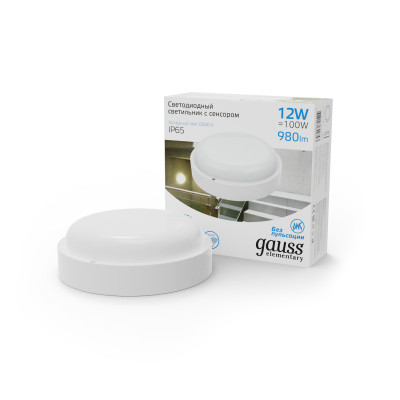 Св-к светодиодный Gauss Elementary IP65 D140x48 12W 980lm 6500K 160-260V ЖКХ круглый c опт-микр сенсором 1/40, 126411312-S