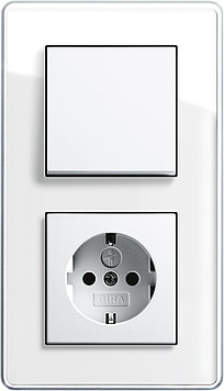 Gira Блок: Выключатель 1-клавишный с розеткой 2к+з, глянцевый белый - белое стекло,серия Esprit Glass C