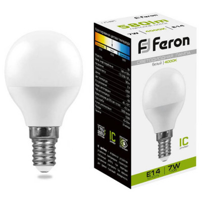 Лампа светодиодная,  (7W) 230V E14 4000K G45, LB-95, Feron 25479
