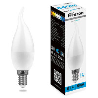 Лампа светодиодная, (9W) 230V E14 6400K свеча на ветру C37Т, LB-570, Feron 38136