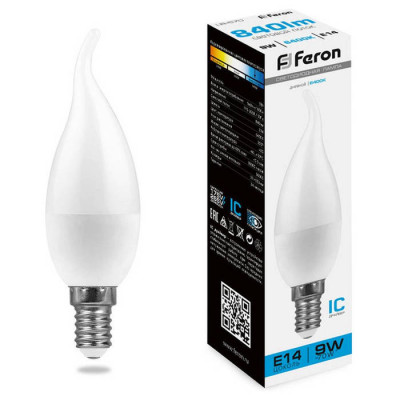 Лампа светодиодная, (9W) 230V E14 6400K свеча на ветру C37Т, LB-570, Feron 38136
