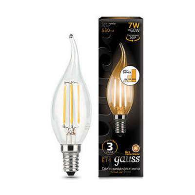 Лампа Gauss Filament Свеча на ветру 7W 550lm 2700К Е14 шаг. диммирование LED 1/10/50, 104801107-S