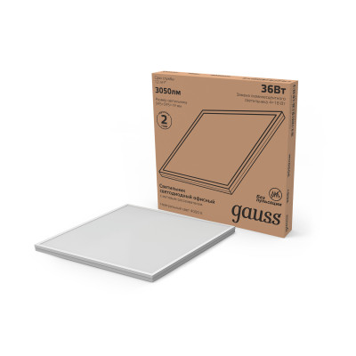Светильник офисный Gauss 36W 3050lm 4000K IP20 595*595*19мм матовый LED 1/4, 842123240