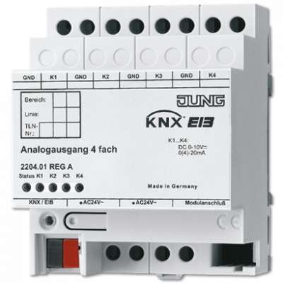 Аналоговый актуатор, 4 канала, для работы аналогового вывода требуется питание 24 В АС. Необходимое питание может обеспечить блок питания арт. WSSV 10, монтаж на DIN-рейку, 4 модуля; KNX, 2204.01REGA