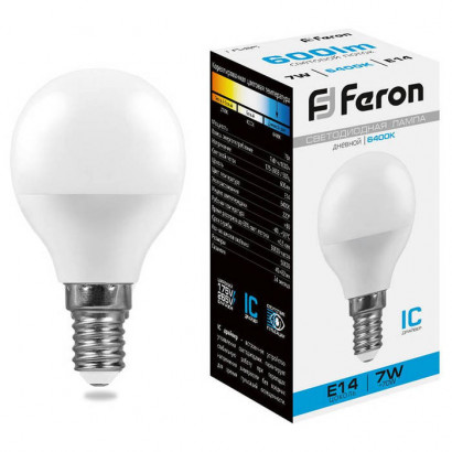 Лампа светодиодная,  (7W) 230V E14 6400K G45, LB-95, Feron 25480
