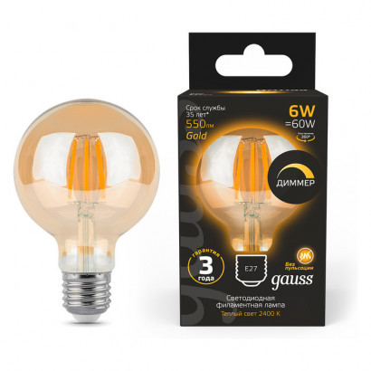 Лампа Gauss Filament G95 6W 620lm 2400К Е27 golden диммируемая LED 1/20, 105802006-D