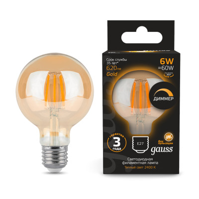 Лампа Gauss Filament G95 6W 620lm 2400К Е27 golden диммируемая LED 1/20, 105802006-D